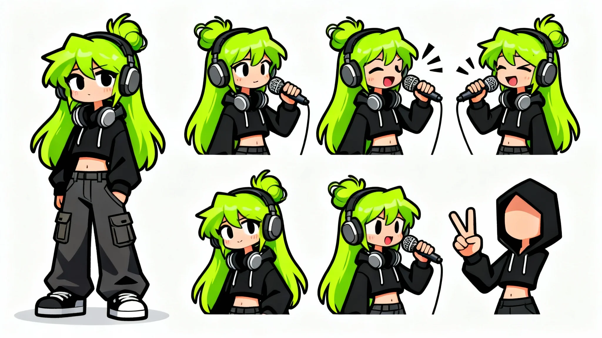 A Friday Night Funkin' style sprite sheet of a female character with green hair, showing various animation poses for a rhythm game, set against a plain white background.