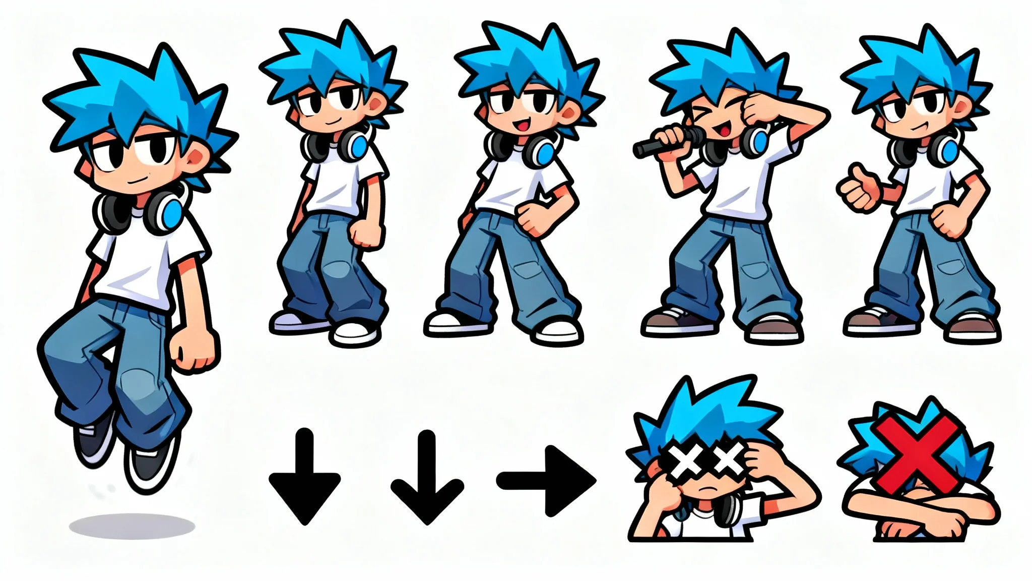 A sprite sheet of an original character in the distinct cartoon style of the game Friday Night Funkin', showing various animation poses for a rhythm game.