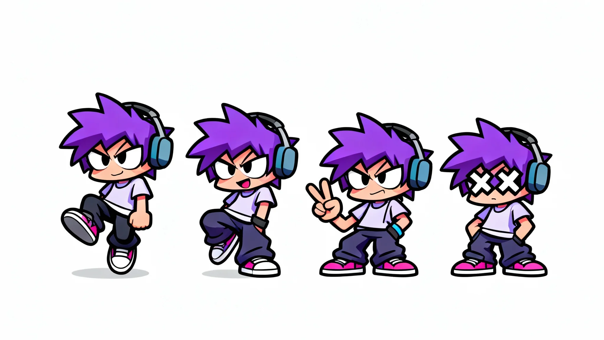 A Friday Night Funkin' style sprite sheet of an original character, showing multiple animation poses like idle, up, down, left, and right on a clean white background.