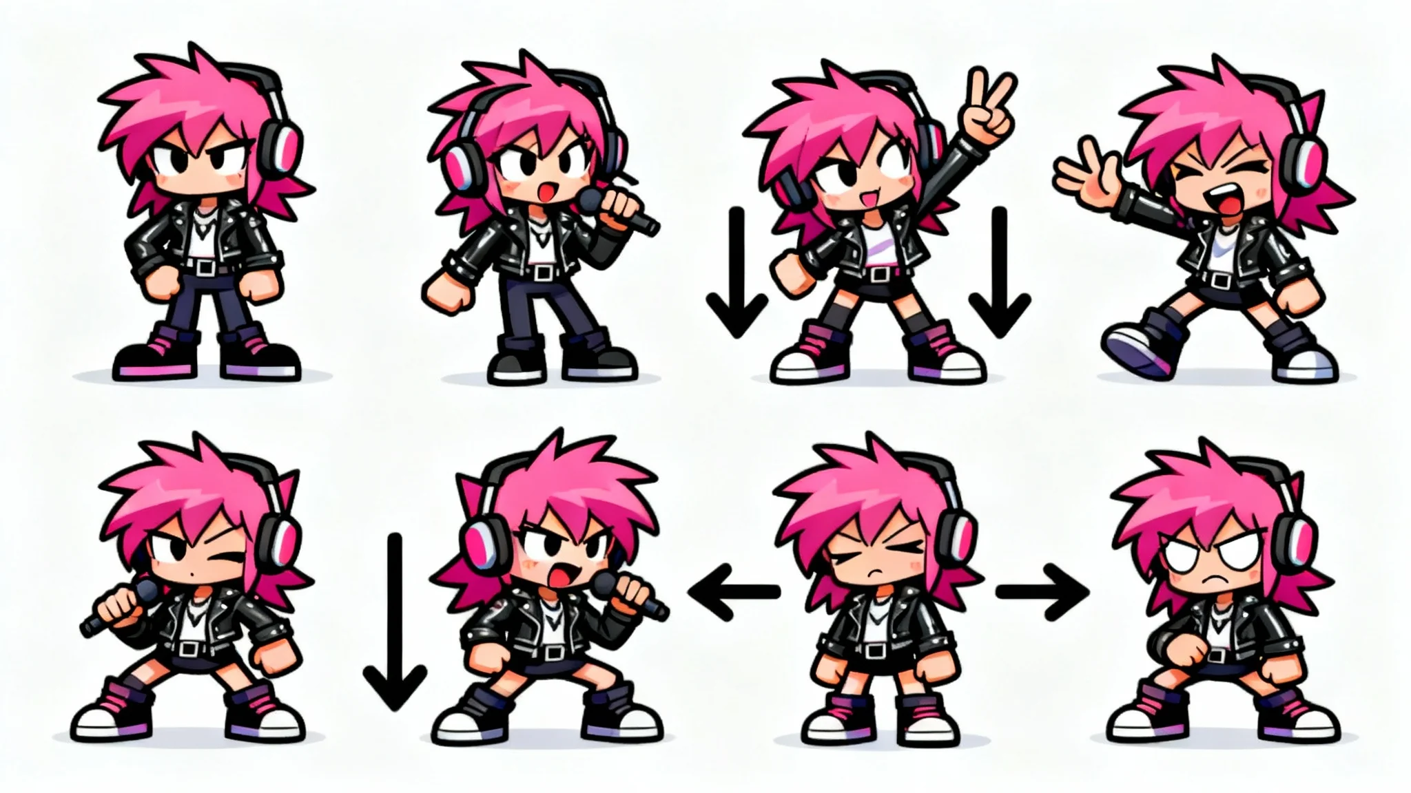 A Friday Night Funkin' style sprite sheet of a punk rock girl character, showing various animation poses for the game on a white background.