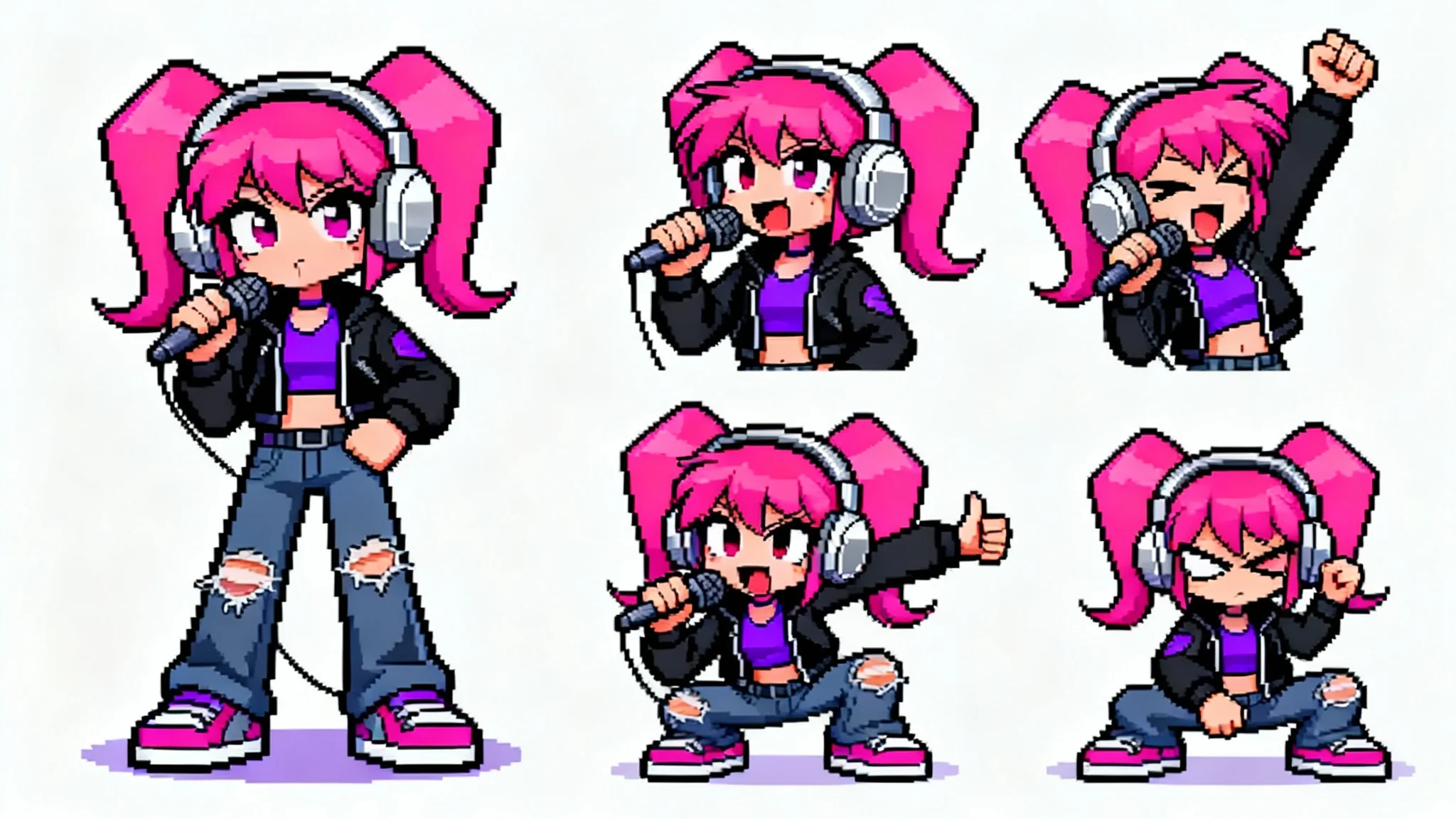 A sprite sheet of a female character in the Friday Night Funkin' art style, showcasing various animation poses for a rhythm game on a white background.