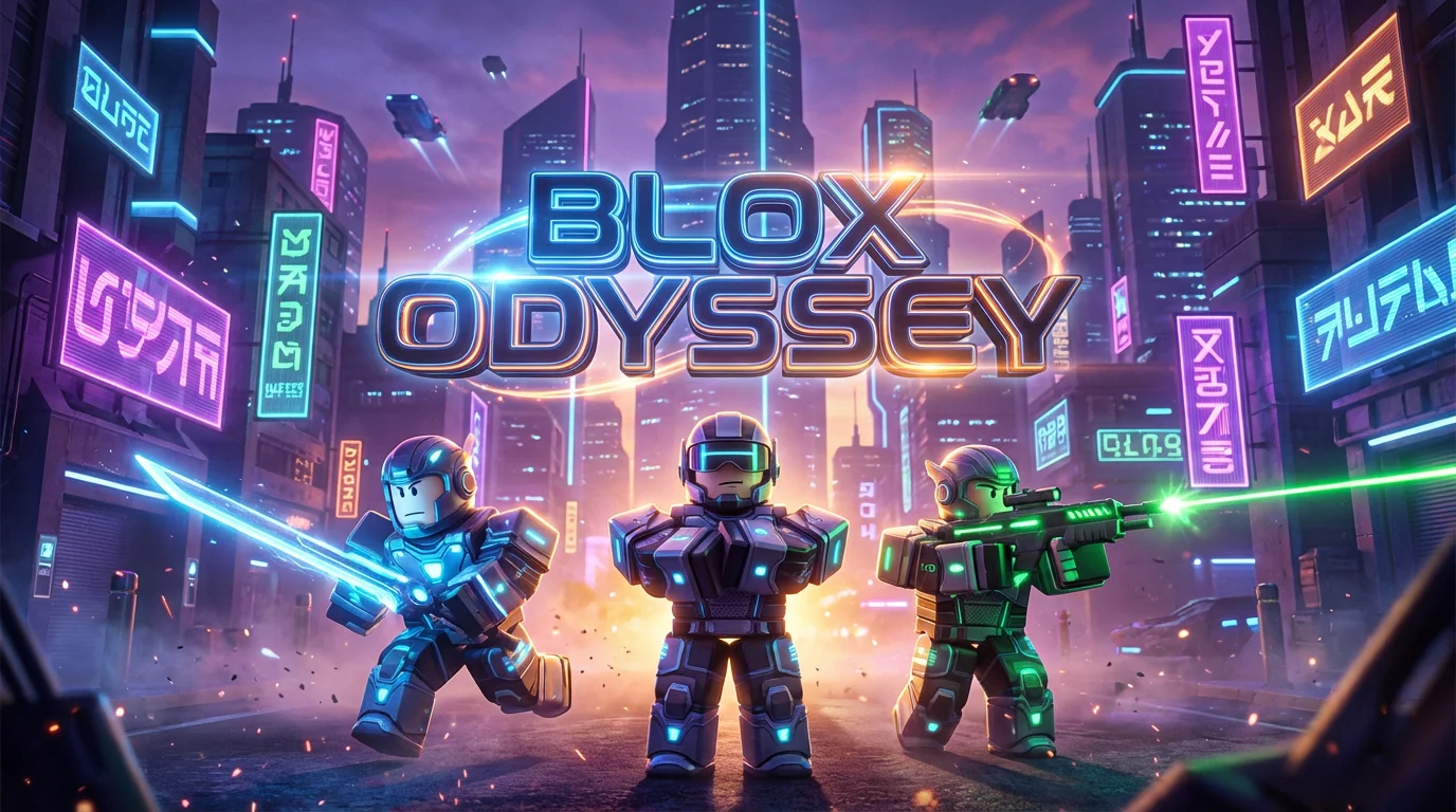 A professionally designed Roblox game banner for a sci-fi game called 'BLOX ODYSSEY'. Three Roblox avatars in futuristic armor pose dynamically in front of a neon cyberpunk city background.