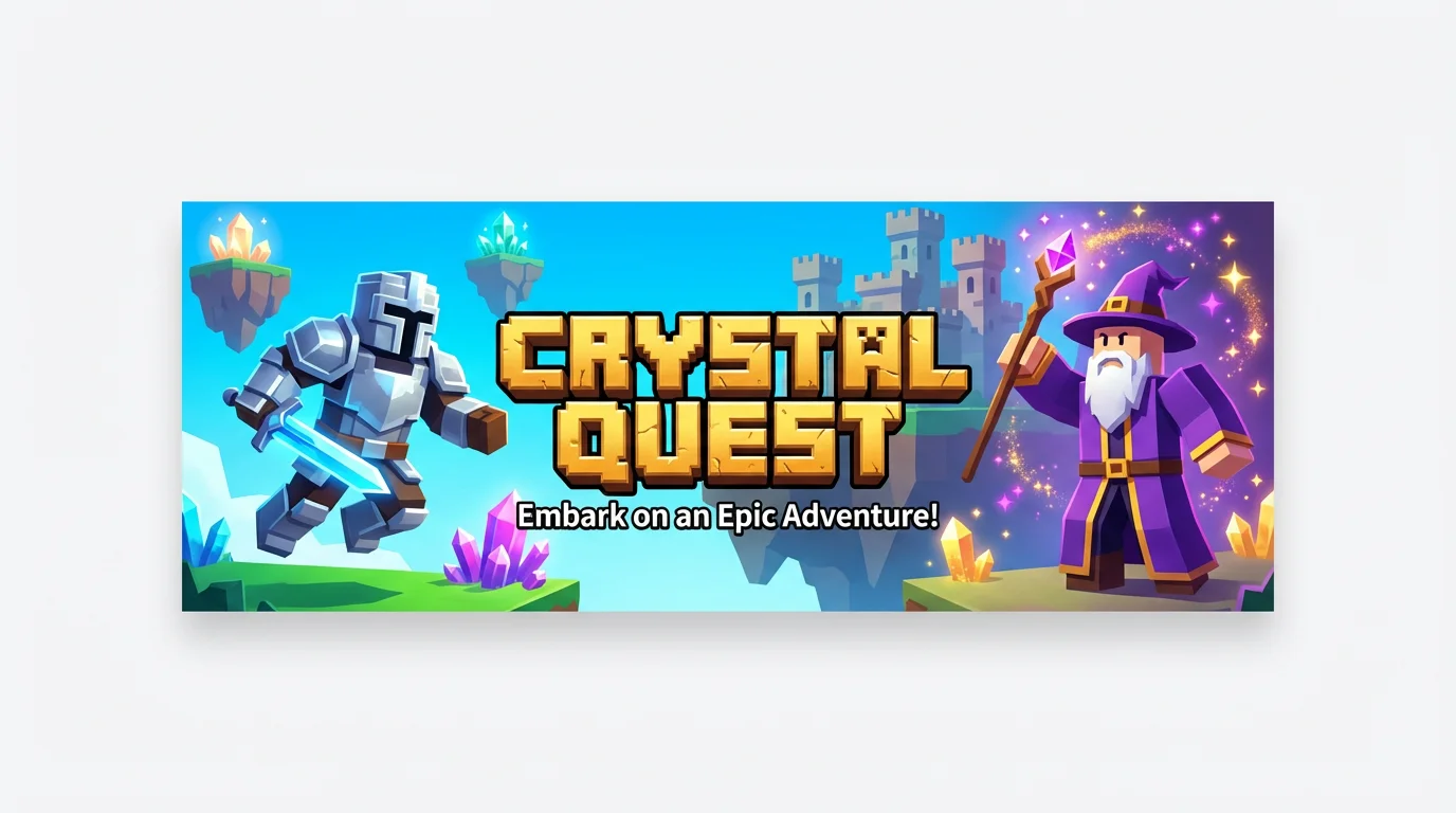 A vibrant Roblox game banner for a fantasy adventure called 'Crystal Quest,' featuring blocky avatars of a knight and a mage in a fantastical world.