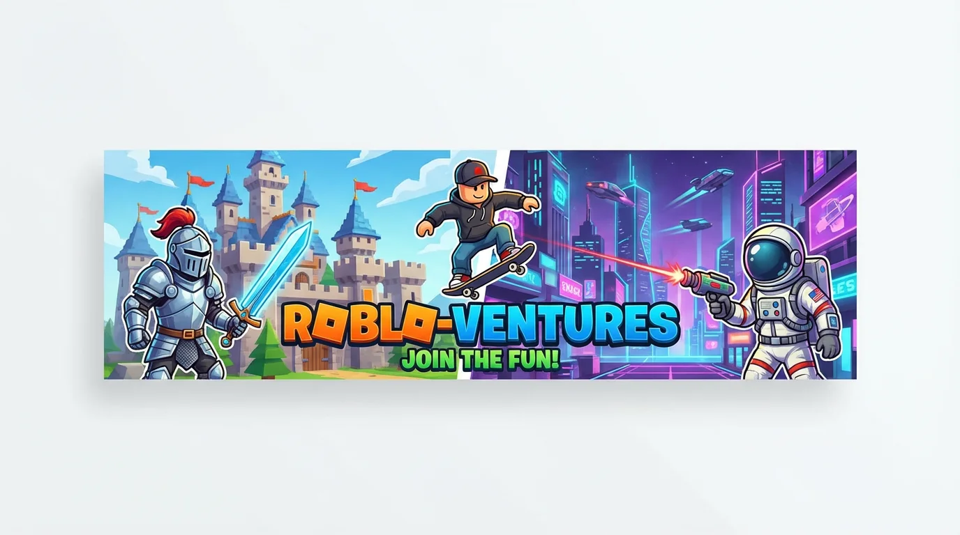 A colorful Roblox banner mockup with three blocky avatars (a knight, a space explorer, and a skater) and the text 'Roblo-Ventures, Join the Fun!' displayed on a white background.