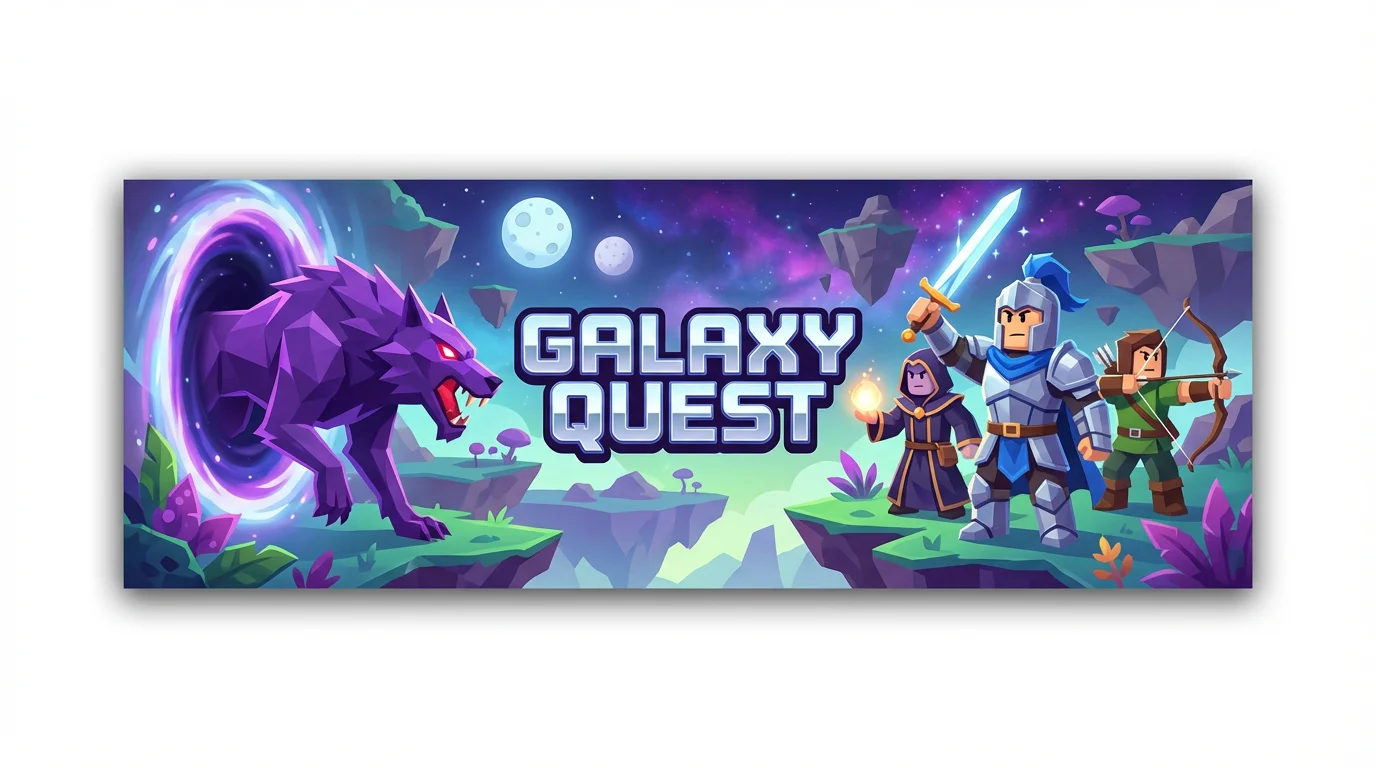 A mockup of a Roblox game banner for a game called 'Galaxy Quest'. The banner shows three blocky Roblox characters fighting a purple monster on an alien planet, presented against a plain white background.