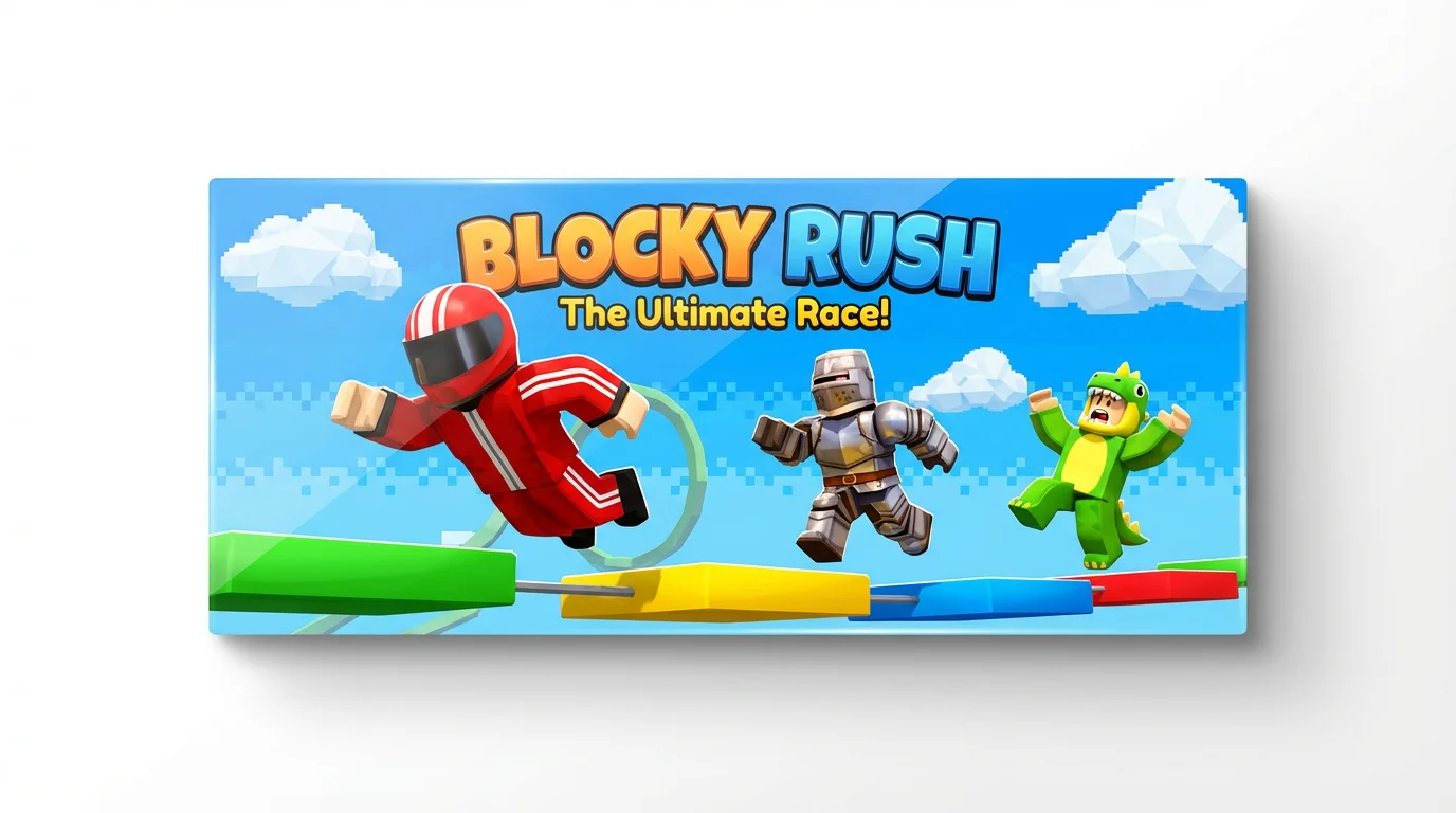 A mockup of a colorful Roblox game banner titled 'BLOCKY RUSH', featuring blocky avatars racing through an obstacle course against a blue sky, displayed on a white background.