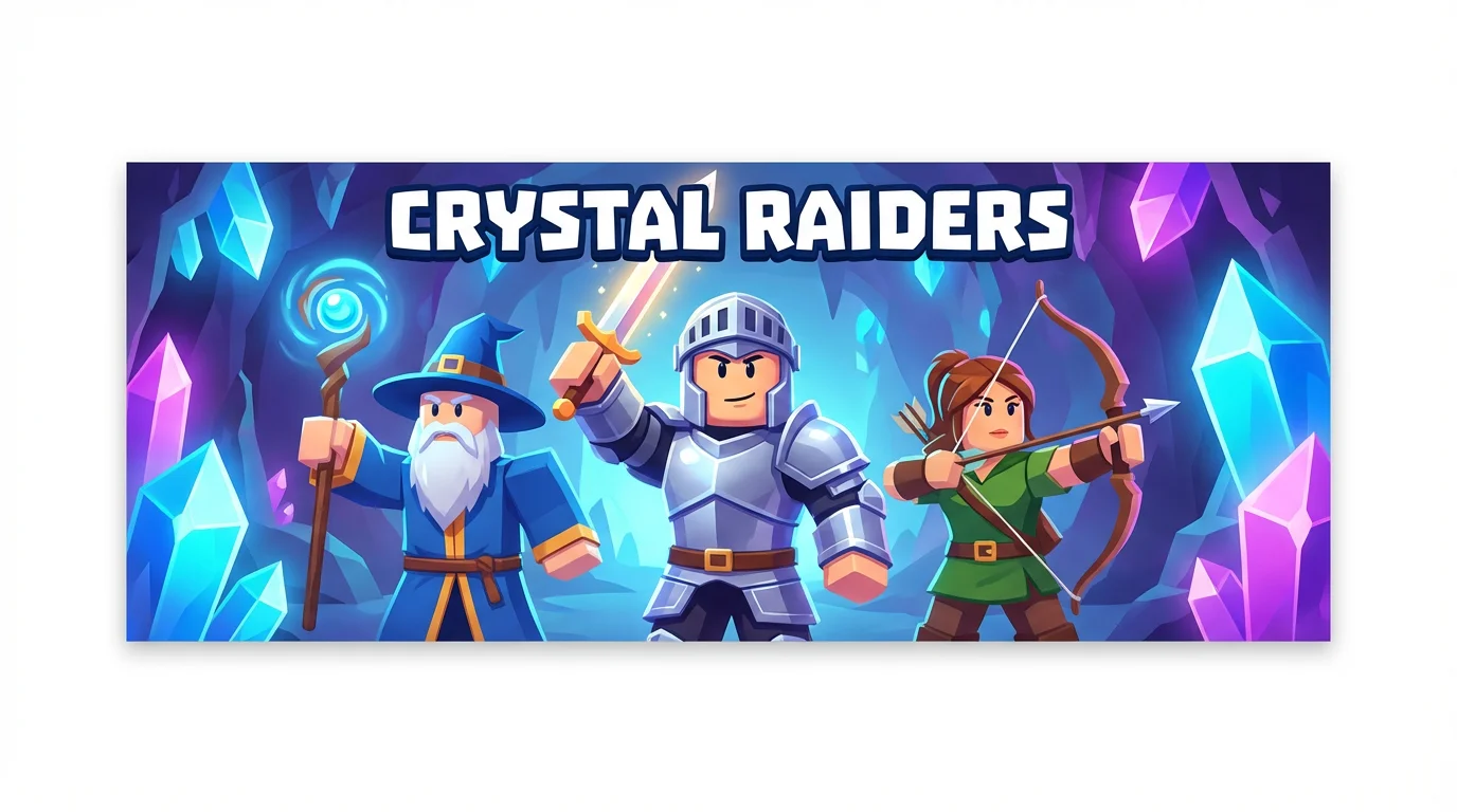 A mockup of a Roblox game banner for a fictional game called 'Crystal Raiders.' The banner shows three blocky Roblox avatars, a knight, a mage, and an archer, in a vibrant, glowing crystal cave, ready for adventure.