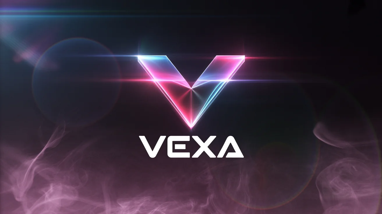 A professionally designed EDM logo for a DJ named 'VEXA', featuring a glowing geometric symbol and futuristic text against a dark, atmospheric background.