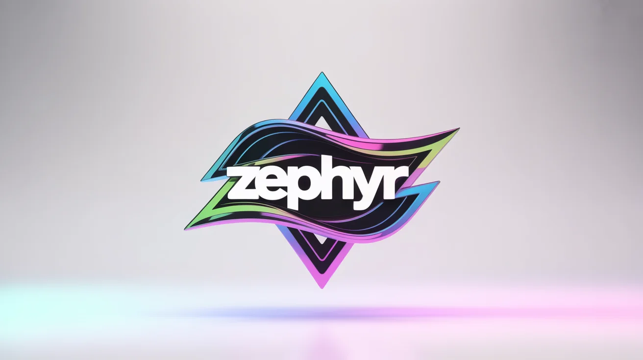 A vibrant, 3D mockup of a futuristic EDM logo for the fictional artist 'ZEPHYR', featuring abstract geometric shapes in neon blue, pink, and green against a plain white background.
