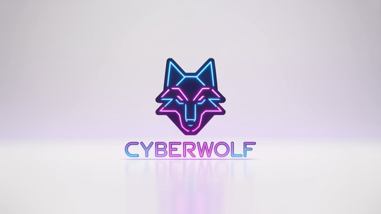 A futuristic EDM logo for 'CYBERWOLF', featuring a geometric neon wolf head icon in blue and magenta, displayed on a white background.