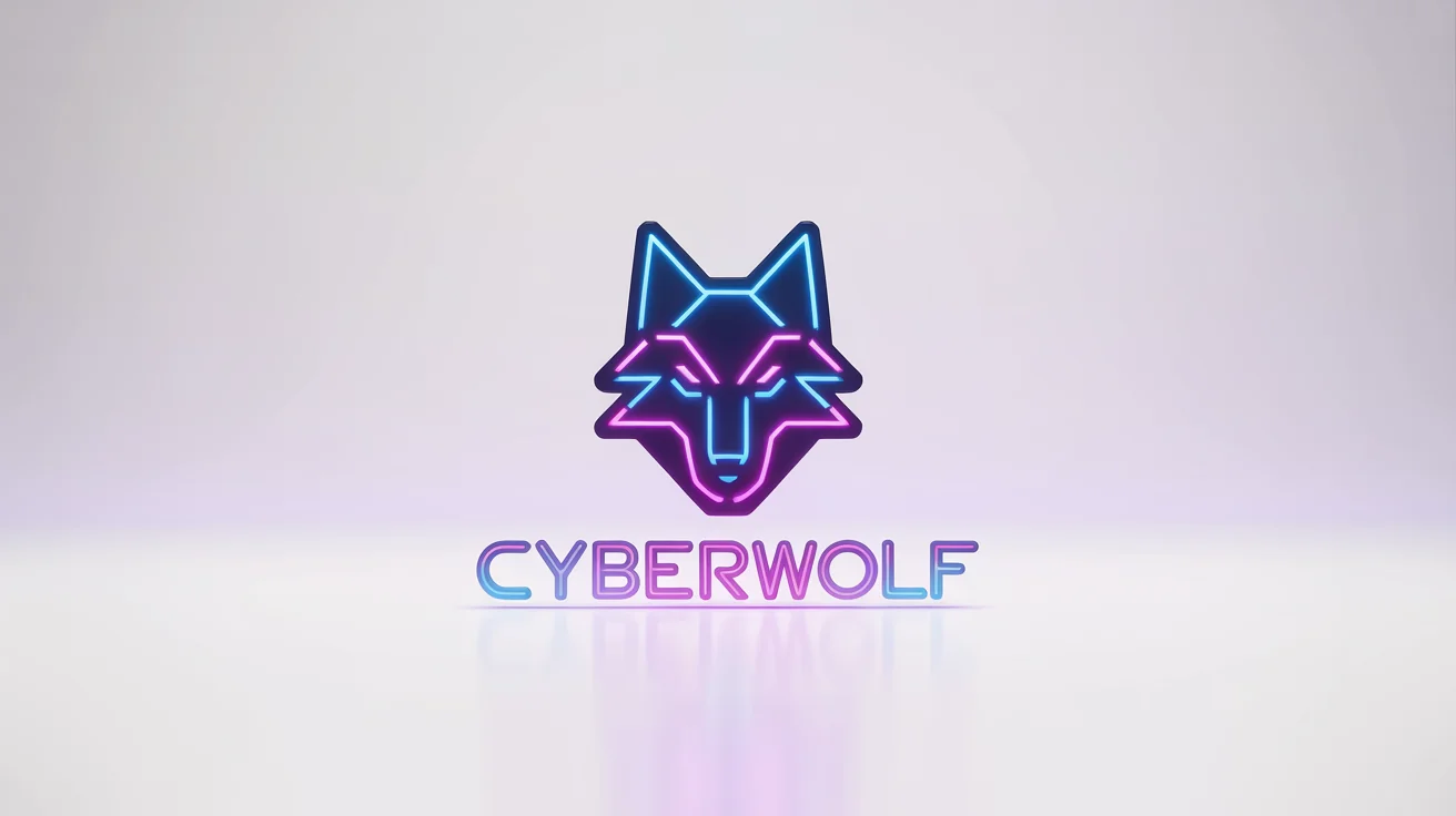 A futuristic EDM logo for 'CYBERWOLF', featuring a geometric neon wolf head icon in blue and magenta, displayed on a white background.