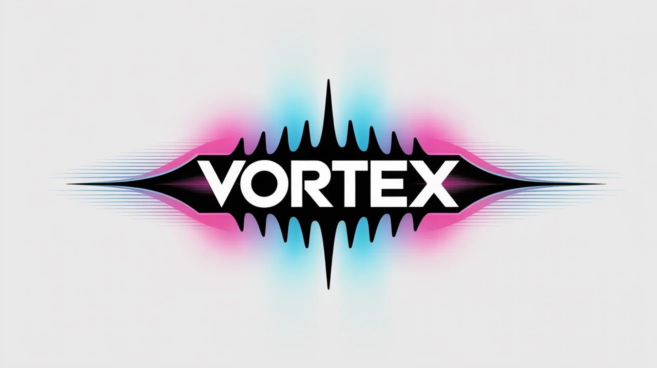 A futuristic EDM logo for a fictional artist named 'VORTEX' on a white background. The logo is a vibrant mix of neon blue and pink in a sharp, geometric design.