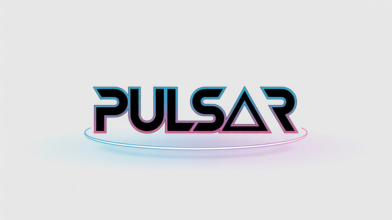 A futuristic EDM logo for the fictional DJ 'PULSAR', featuring bold, stylized text with neon blue and pink highlights and a pulsating star symbol, all on a white background.