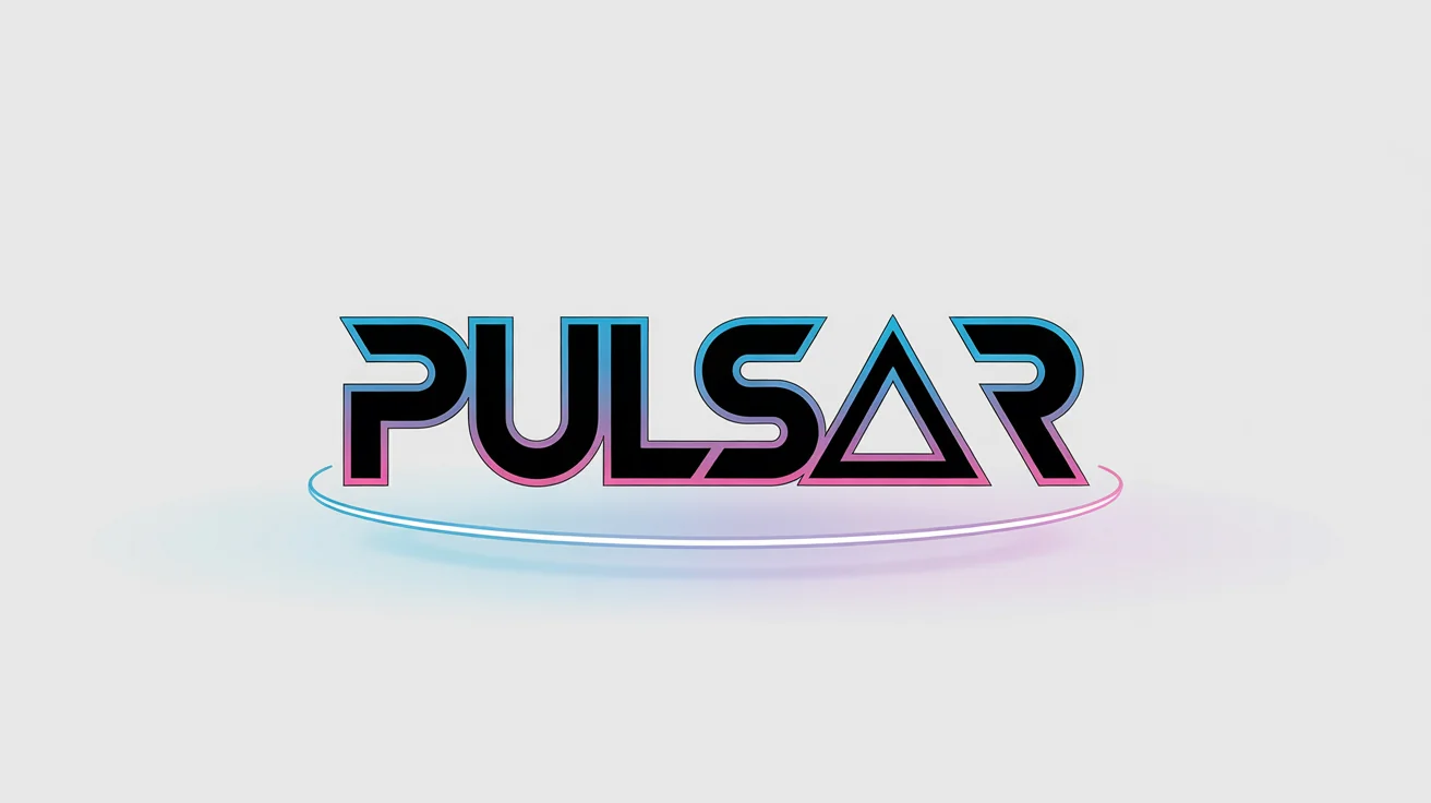 A futuristic EDM logo for the fictional DJ 'PULSAR', featuring bold, stylized text with neon blue and pink highlights and a pulsating star symbol, all on a white background.