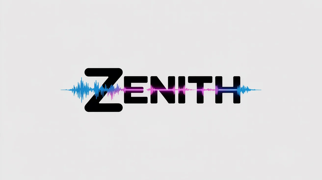 A modern neon logo for a fictional EDM DJ named 'ZENITH', featuring stylized, futuristic typography in blue and pink on a clean white background.