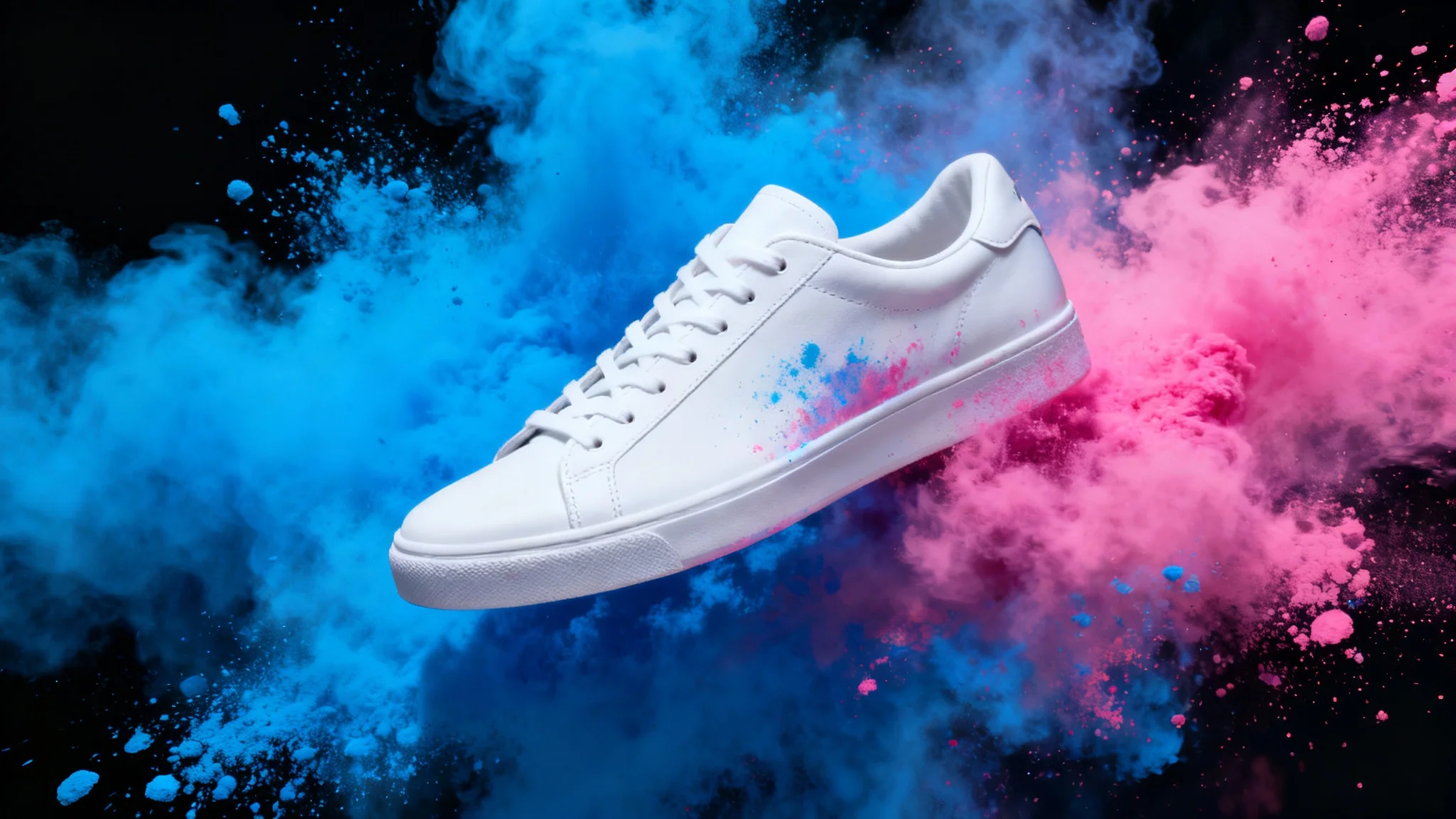 A photorealistic image of a white sneaker after its background was replaced with a dynamic explosion of blue and pink powder, showcasing the final result of an image replace tool.