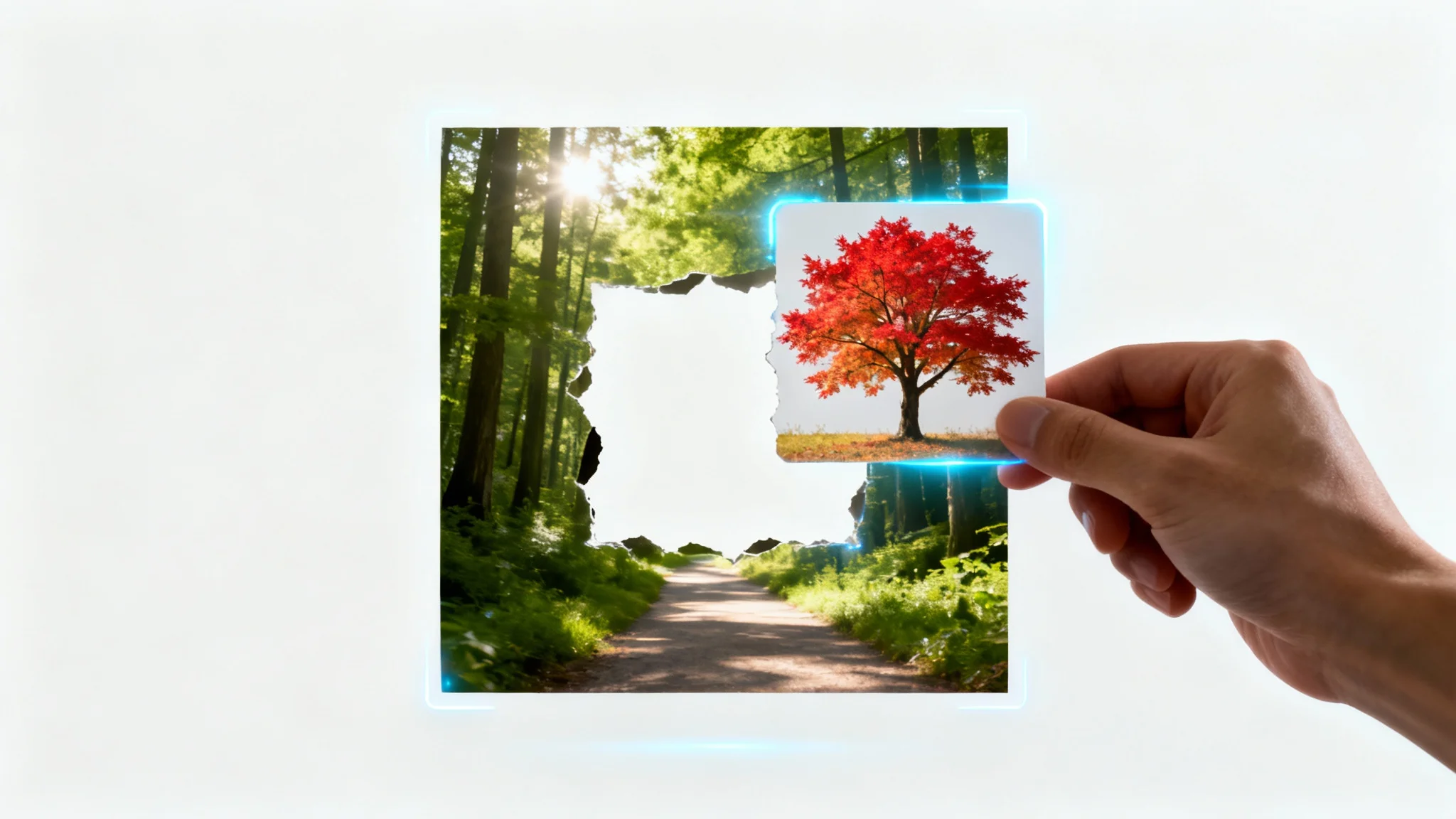 Conceptual image representing an 'image replace' feature. A photo of a green forest has a square section being replaced with a patch of an autumn tree, illustrating a seamless swap.