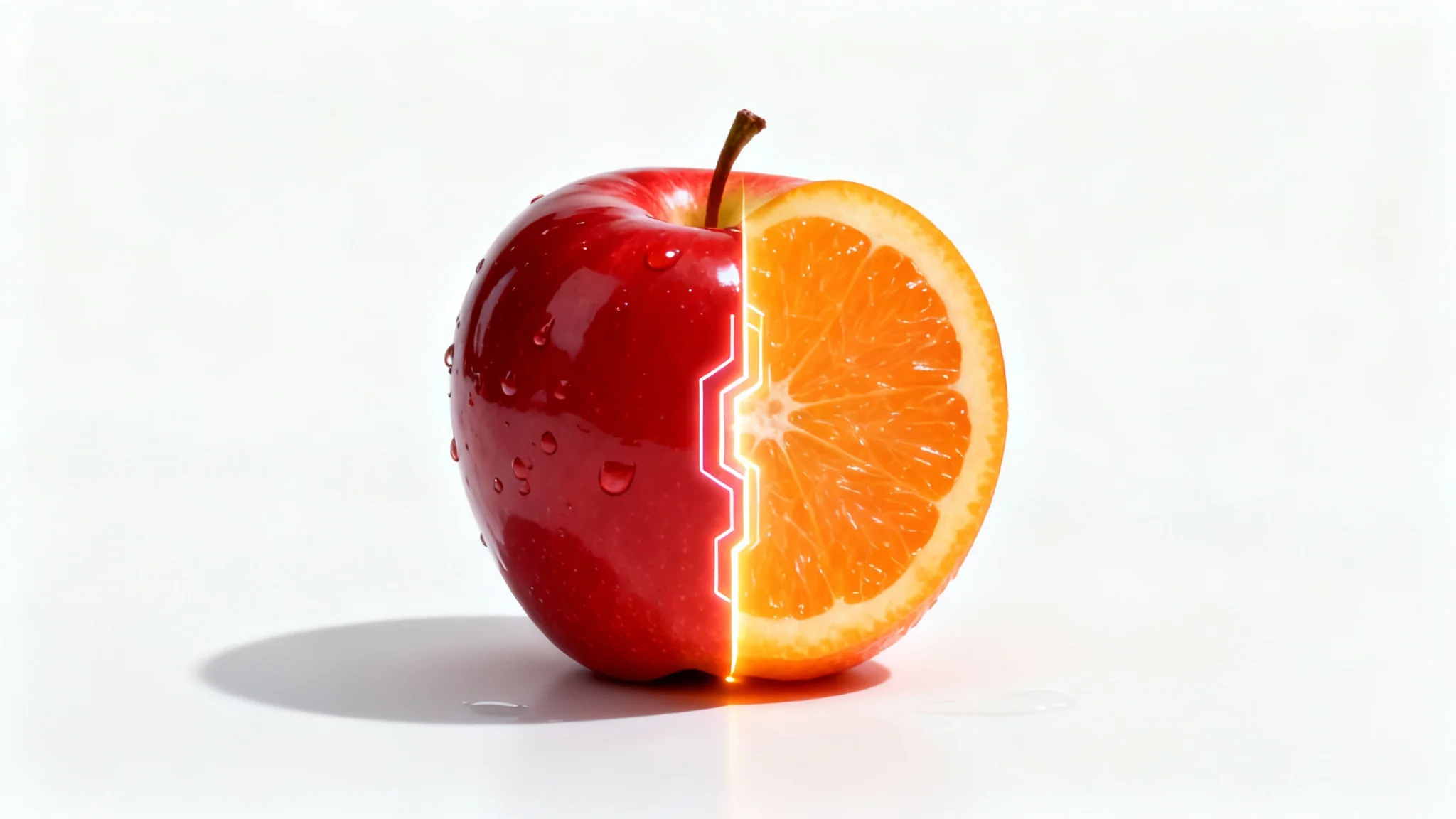 A conceptual mockup showing a single apple on a white background, where the left half is a red apple and the right half is seamlessly transforming into an orange, representing the concept of image replacement.