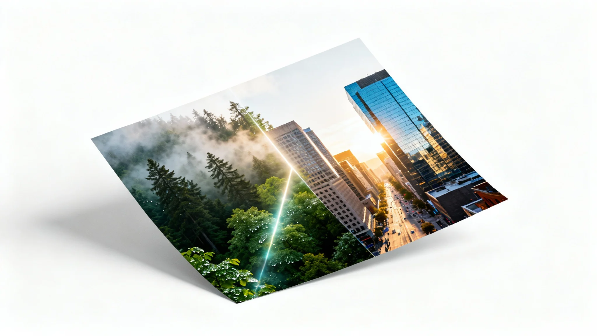 A conceptual image showing a photo being transformed. Half of the photo is a dark forest, and the other half is a bright cityscape, representing an image replacement tool.