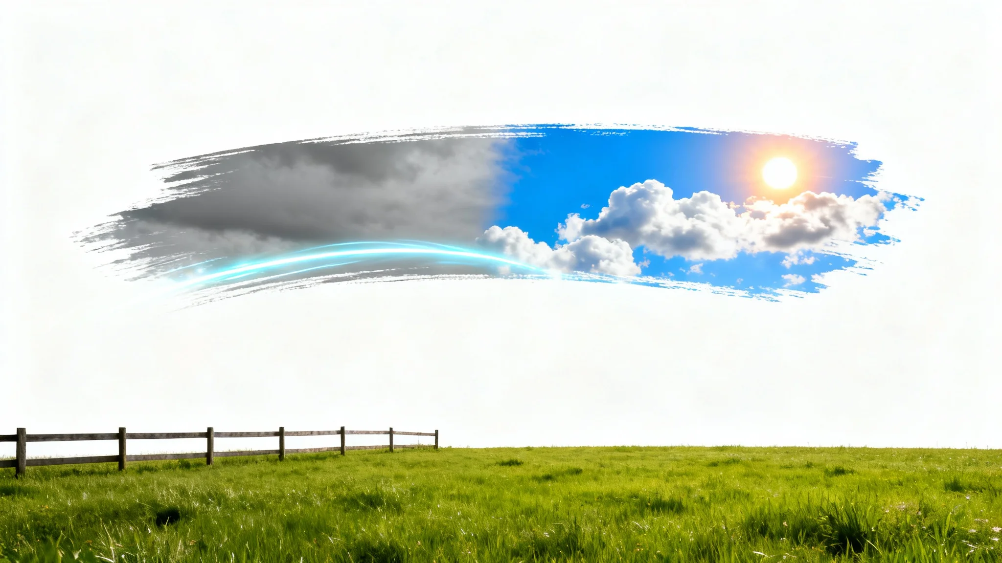 A conceptual photograph illustrating an image replacement tool. A photo of a field with a dull grey sky is shown being transformed, with a swipe effect changing the sky to a beautiful, sunny blue sky.