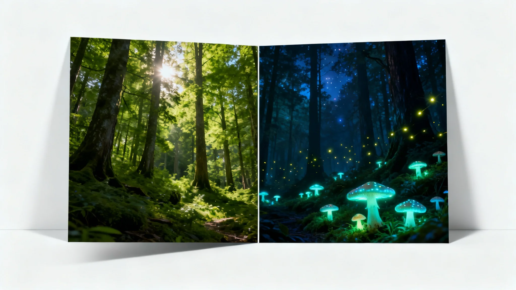 A before-and-after image split in half. The left side shows a green forest during the day, and the right side shows the same forest transformed into a magical, glowing scene at night, demonstrating an image replacement capability.