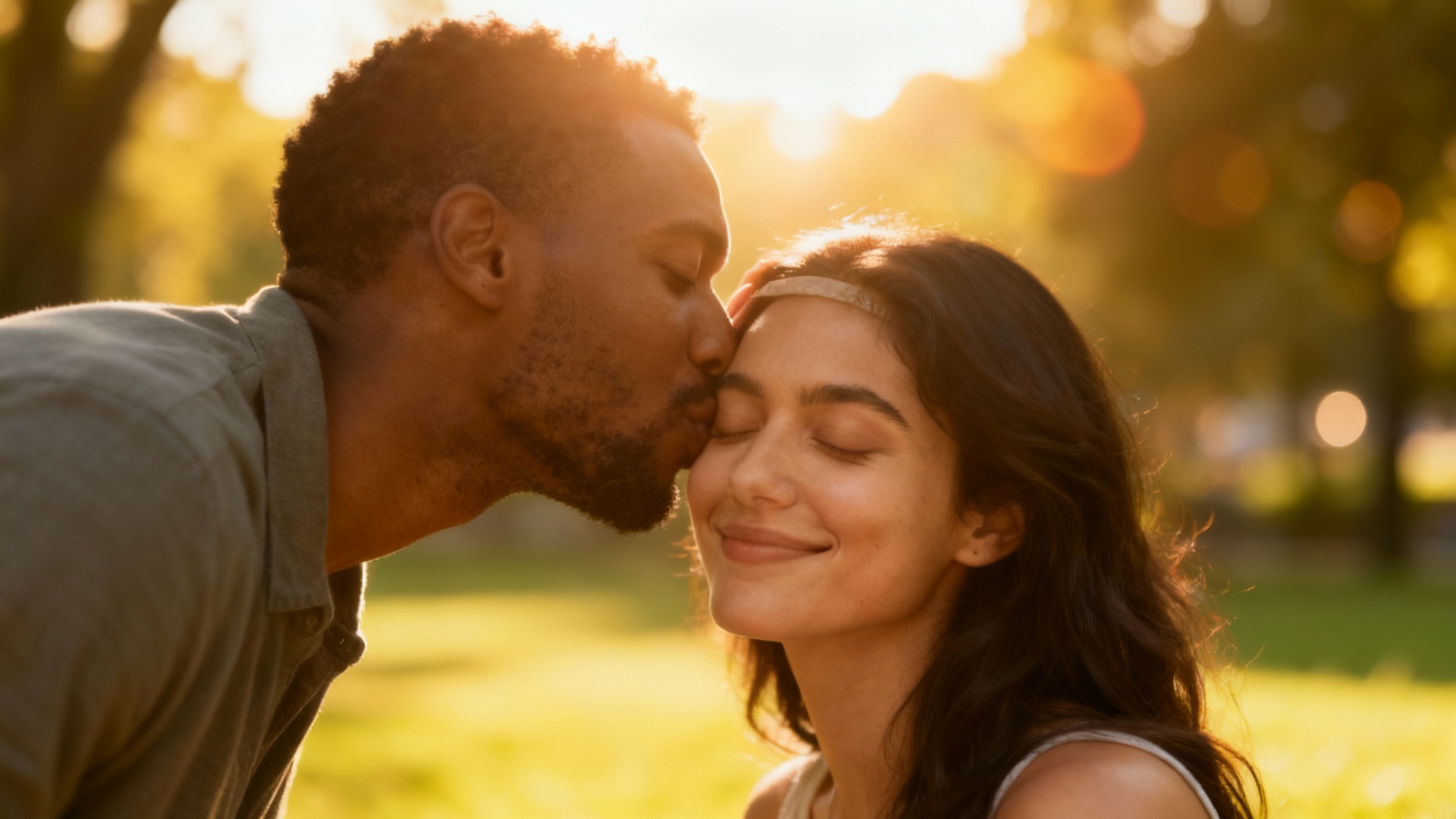 A beautifully lit close-up photo of a man kissing a woman on the forehead in a park during sunset, evoking a feeling of love and tenderness.