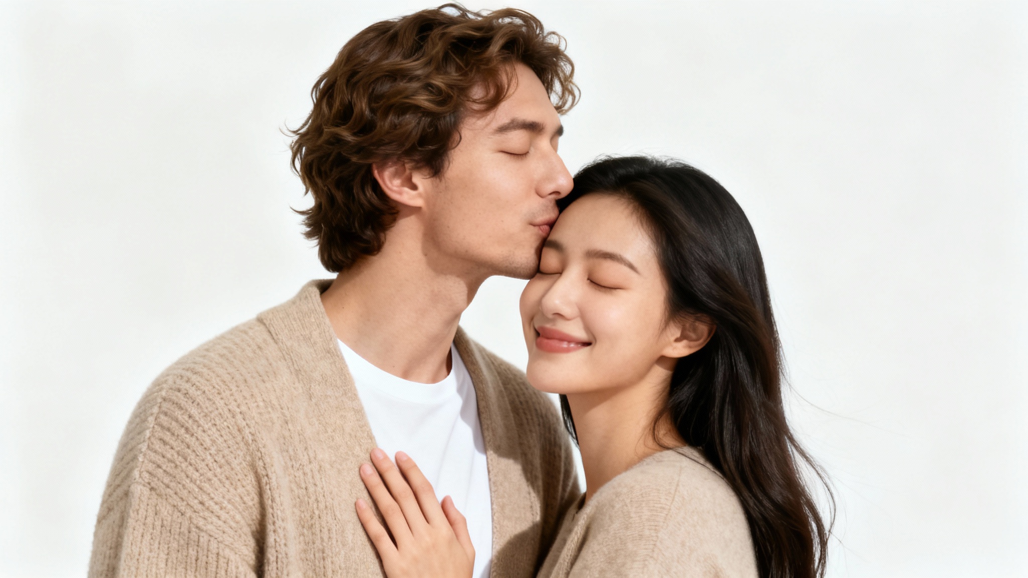 A close-up, photorealistic image of a man tenderly kissing a woman on her forehead. Both have their eyes closed, conveying a sense of peace and intimacy, set against a plain white background.