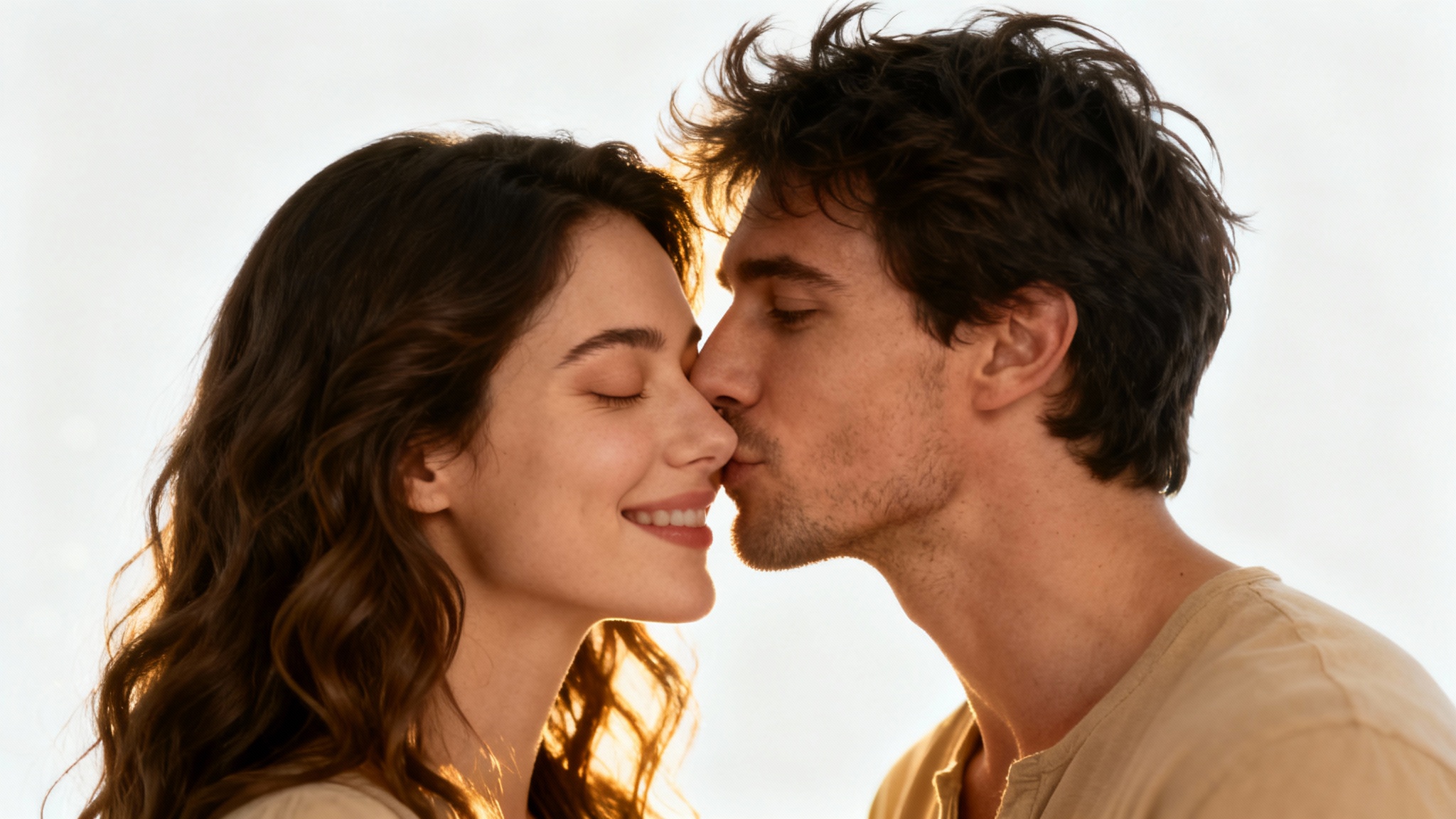 A photorealistic image of a man tenderly kissing a woman on the forehead against a solid white background, capturing a moment of intimacy and affection.
