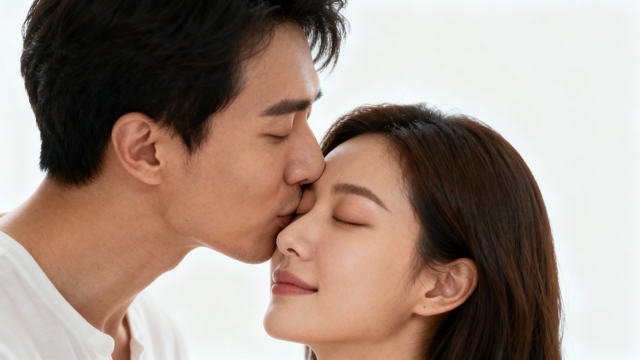 A photorealistic image depicting a tender forehead kiss pose between a man and a woman against a clean white background, conveying love and intimacy.