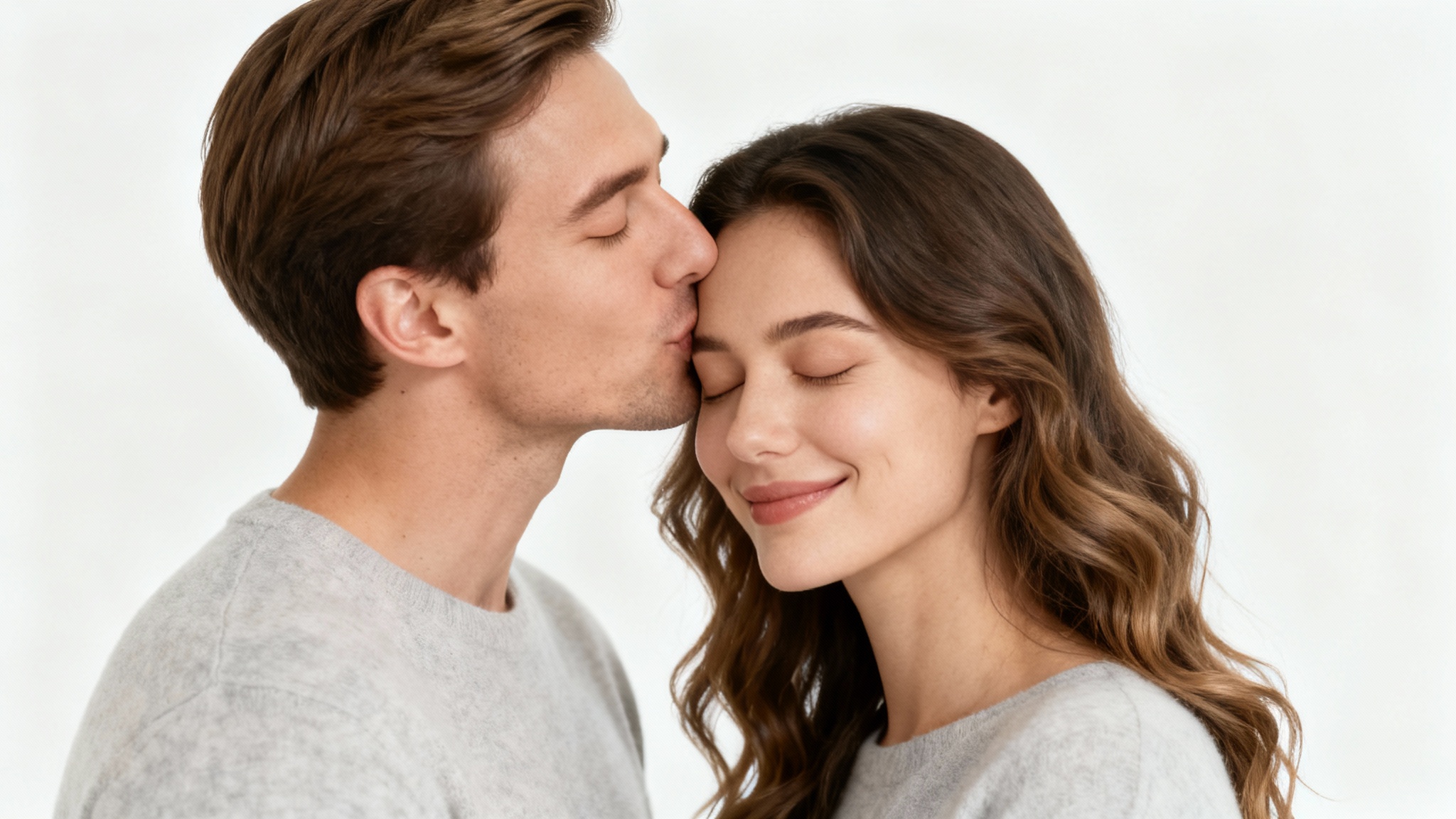 A close-up photograph of a man tenderly kissing a woman on the forehead. She has her eyes closed with a peaceful smile, and they are both set against a clean white background, illustrating a forehead kiss pose.