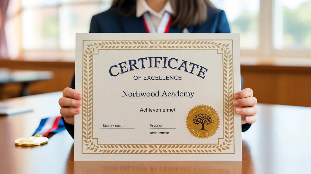 A professionally designed school certificate of excellence from 'Northwood Academy', featuring a gold seal and elegant typography, displayed on a clean background.