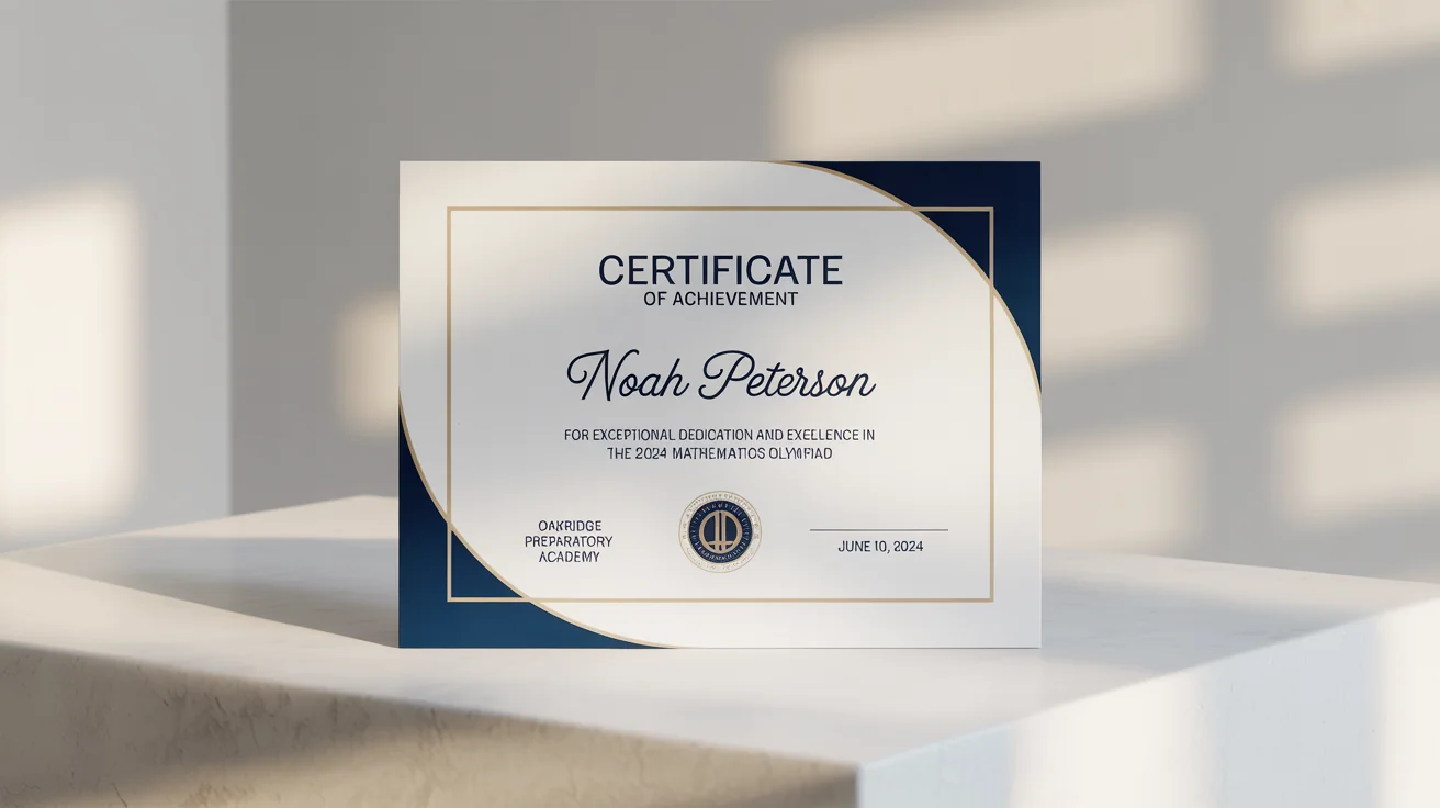 A modern school certificate mockup for 'Oakridge Preparatory Academy' awarded to 'Noah Peterson' for achievement in the Mathematics Olympiad, displayed on a clean white background.