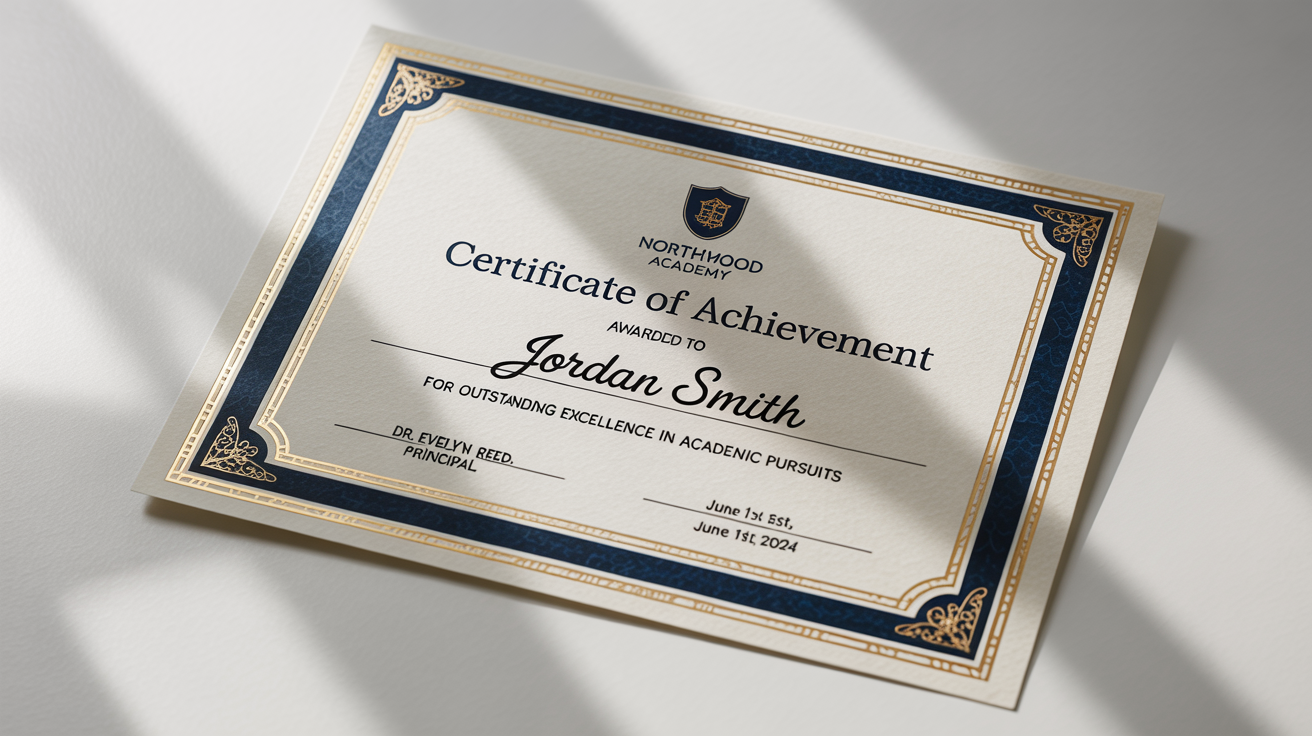 A professional mockup of a school certificate for 'Northwood Academy' awarded for achievement, featuring an elegant navy and gold border on a clean white background.