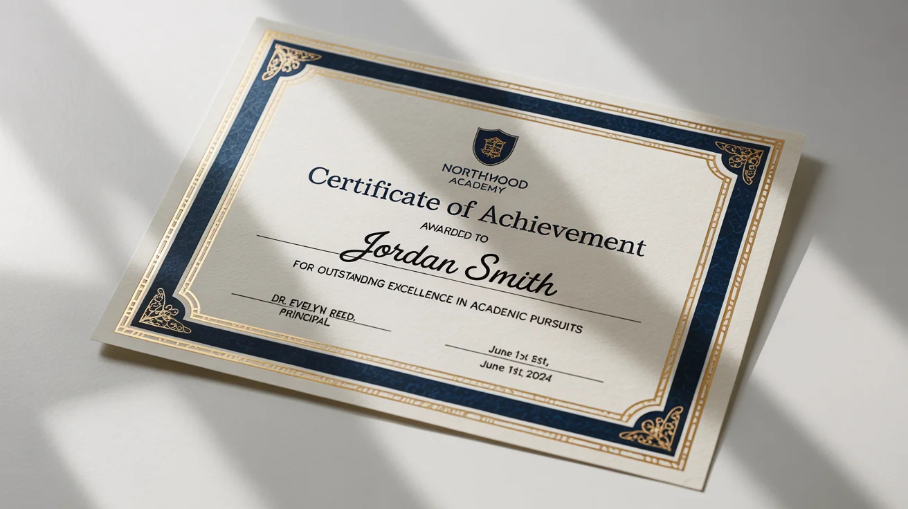 A professional mockup of a school certificate for 'Northwood Academy' awarded for achievement, featuring an elegant navy and gold border on a clean white background.