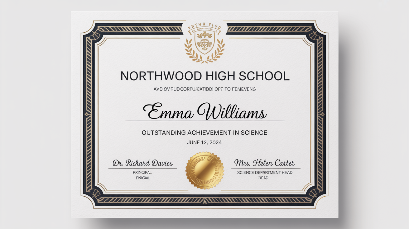 A professionally designed school certificate for academic excellence, featuring a decorative blue and gold border, an official seal, and elegant typography, presented as a mockup on a clean white background.