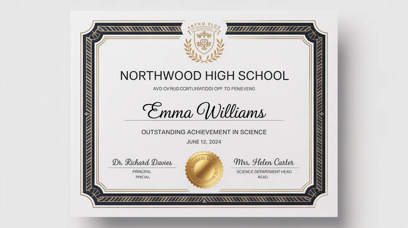 A professionally designed school certificate for academic excellence, featuring a decorative blue and gold border, an official seal, and elegant typography, presented as a mockup on a clean white background.