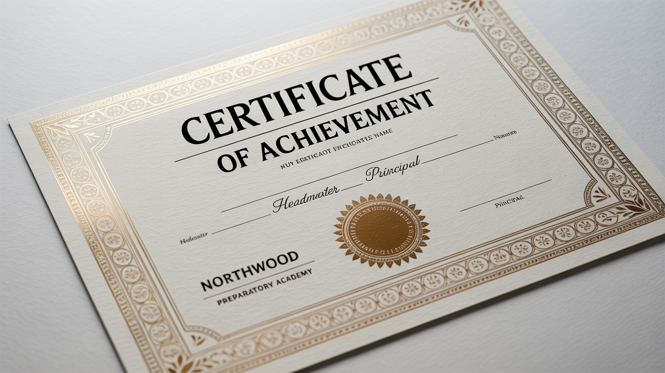 A professional-looking school certificate for 'Northwood Preparatory Academy' awarded for academic excellence, featuring a gold foil seal and a blue and gold ribbon, set against a plain white background.