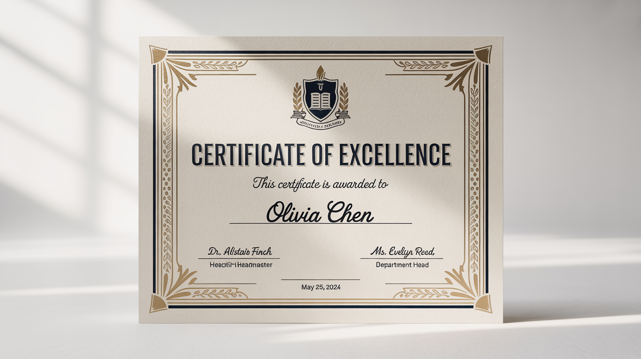 A professionally designed school certificate for 'Olivia Chen' recognizing 'Outstanding Academic Achievement in the Field of Science', featuring a gold and navy blue border, lying on a white background.