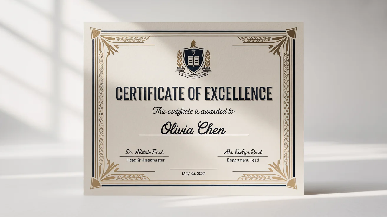A professionally designed school certificate for 'Olivia Chen' recognizing 'Outstanding Academic Achievement in the Field of Science', featuring a gold and navy blue border, lying on a white background.