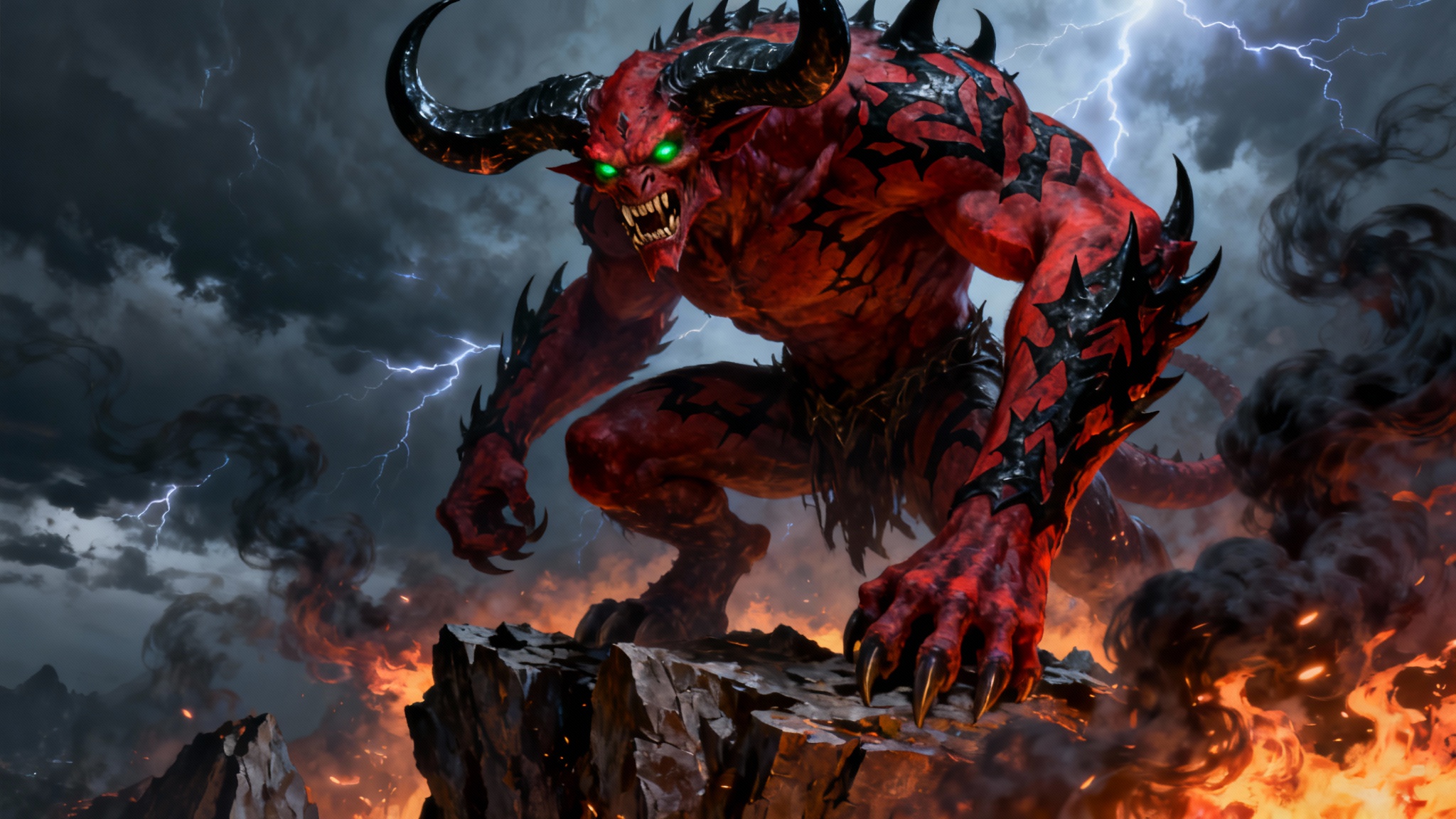 A hyper-detailed piece of concept art showing a powerful, crimson-skinned demon with glowing green eyes and large horns, standing on a rocky ledge amidst smoke and embers under a stormy sky.
