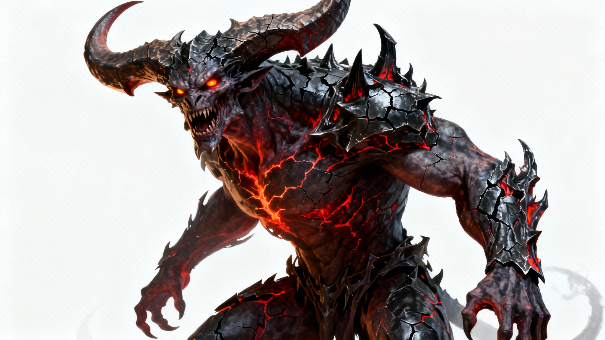 A hyper-detailed concept art illustration of a powerful demon with obsidian skin, glowing red armor, and large horns, standing in a dynamic pose against a solid white background.
