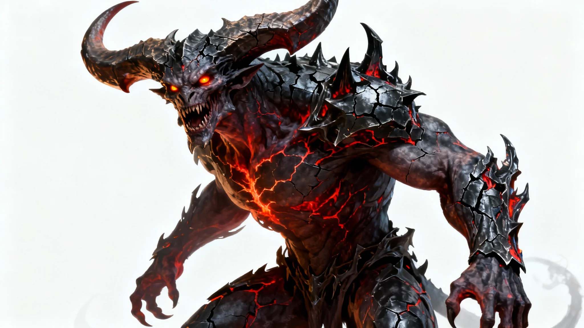 A hyper-detailed concept art illustration of a powerful demon with obsidian skin, glowing red armor, and large horns, standing in a dynamic pose against a solid white background.