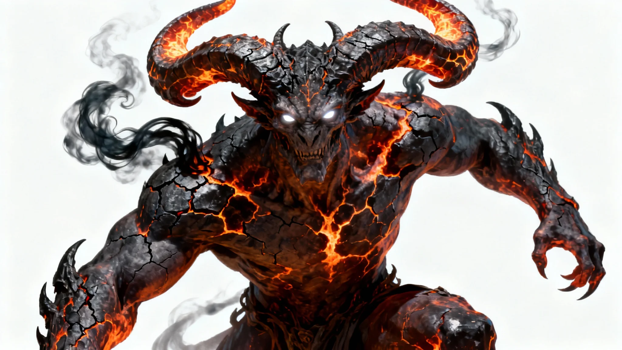 A full-body character concept art of a menacing demon with cracked obsidian skin, glowing magma within, and large, fiery horns, isolated against a plain white background.