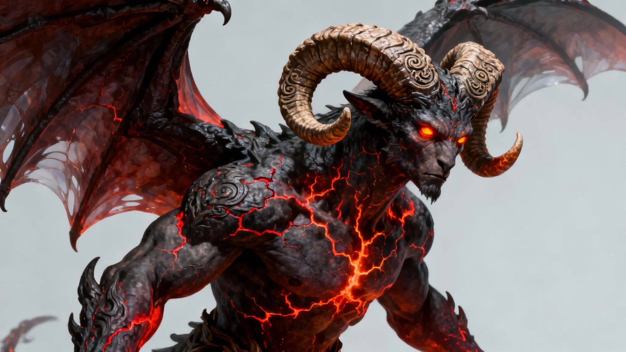 A hyper-detailed concept art illustration of a muscular demon with large horns, leathery wings, and glowing red cracks in its skin, posed against a solid light gray background.