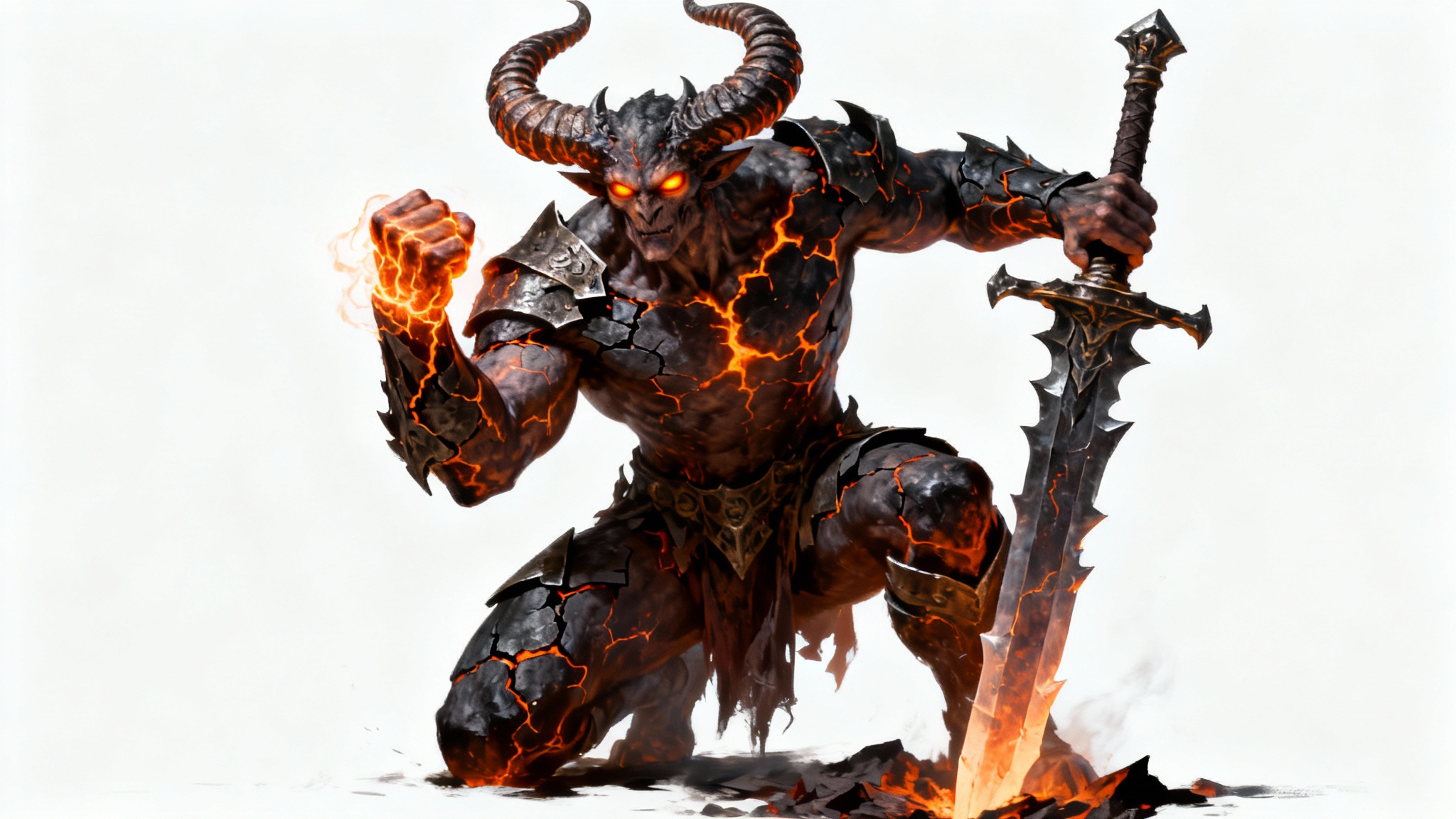 A hyper-realistic concept art illustration of a powerful demon with obsidian skin and magma veins, posing with a giant sword against a clean white background.