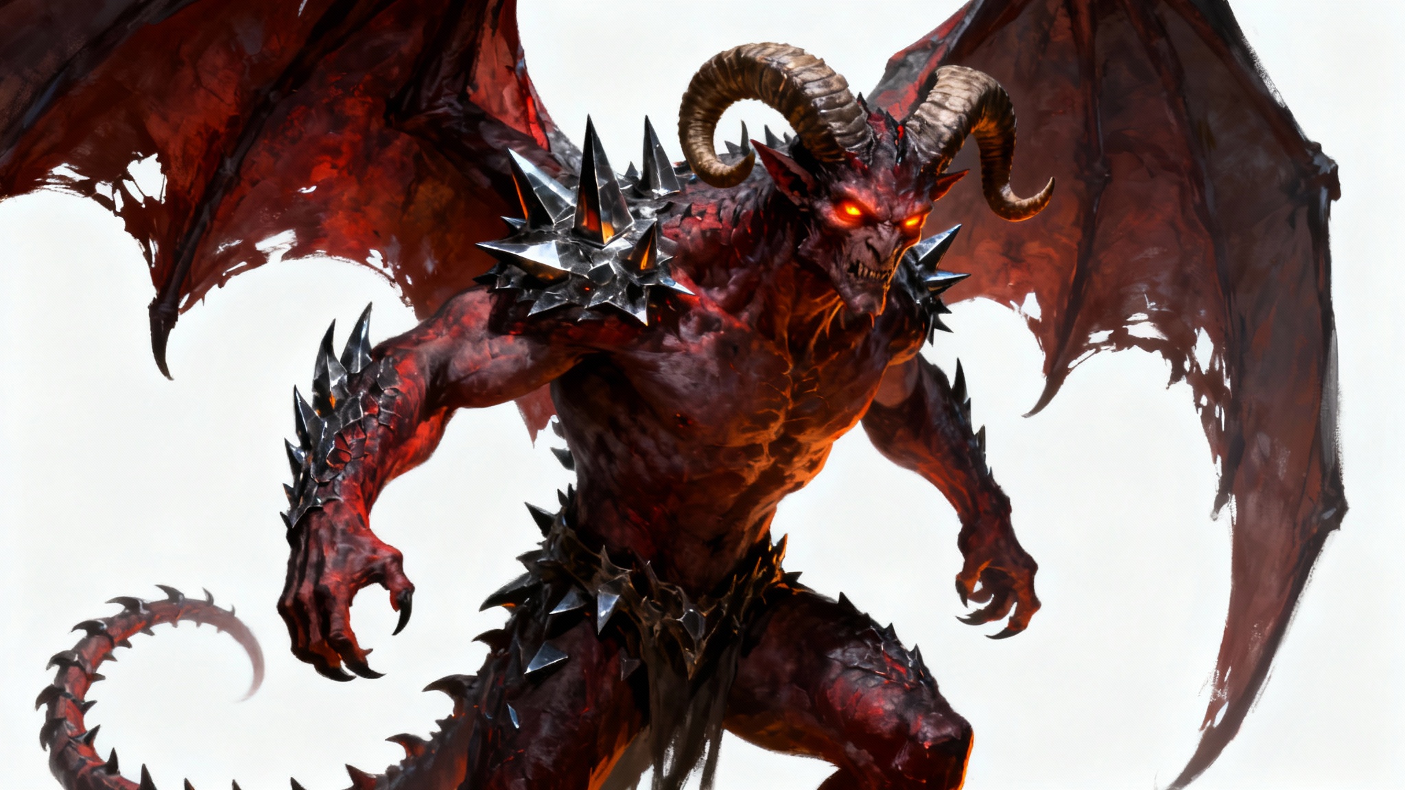 A detailed concept art illustration of a powerful, crimson-scaled demon with large horns, tattered wings, and glowing orange eyes, set against a plain white background.