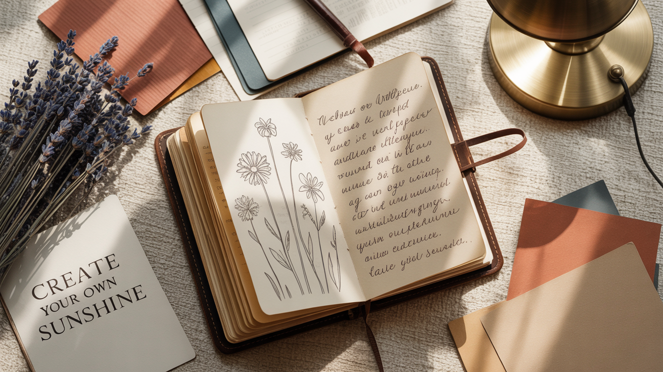 A polished and aesthetic digital collage in a 16:9 ratio, showing a final design with photos of landscapes and architecture, color swatches in terracotta and beige, and the text 'Create Your Own Sunshine' in an elegant font.