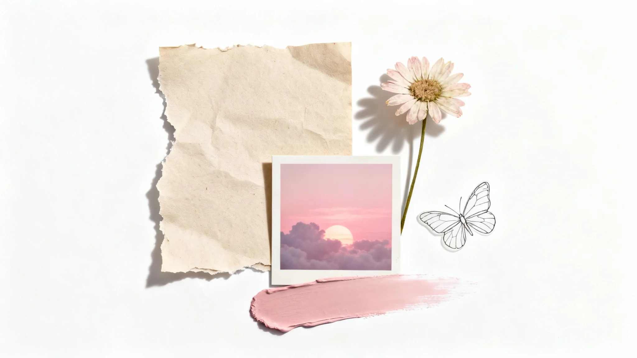 An aesthetic collage mockup on a white background, featuring a mix of pastel-colored elements including a torn paper scrap, a pressed flower, and a small polaroid photo of a sunset.