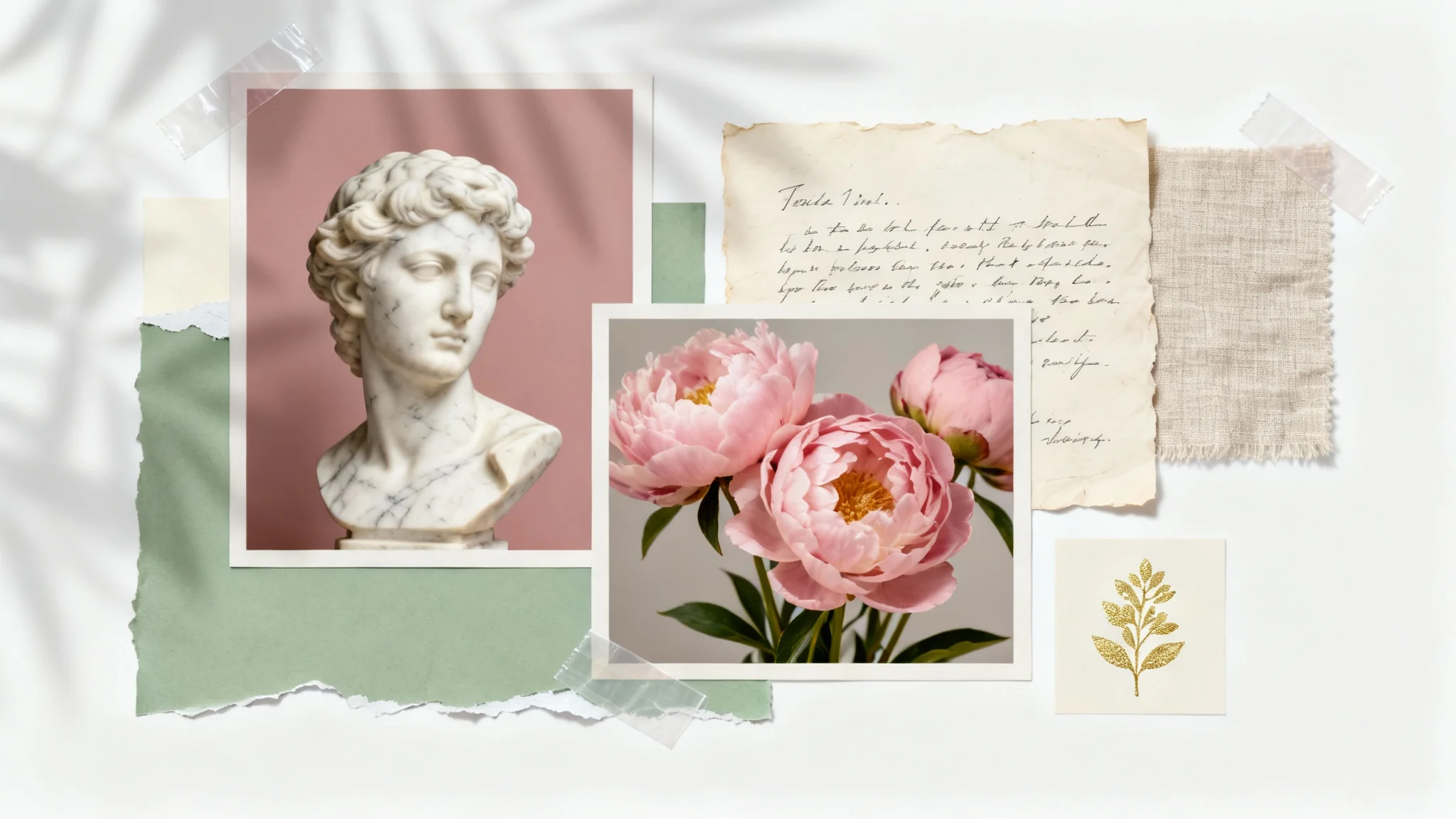 An aesthetic collage with a pastel color scheme, featuring images of a statue, flowers, and handwritten text, arranged in a layered, scrapbook style on a white background.