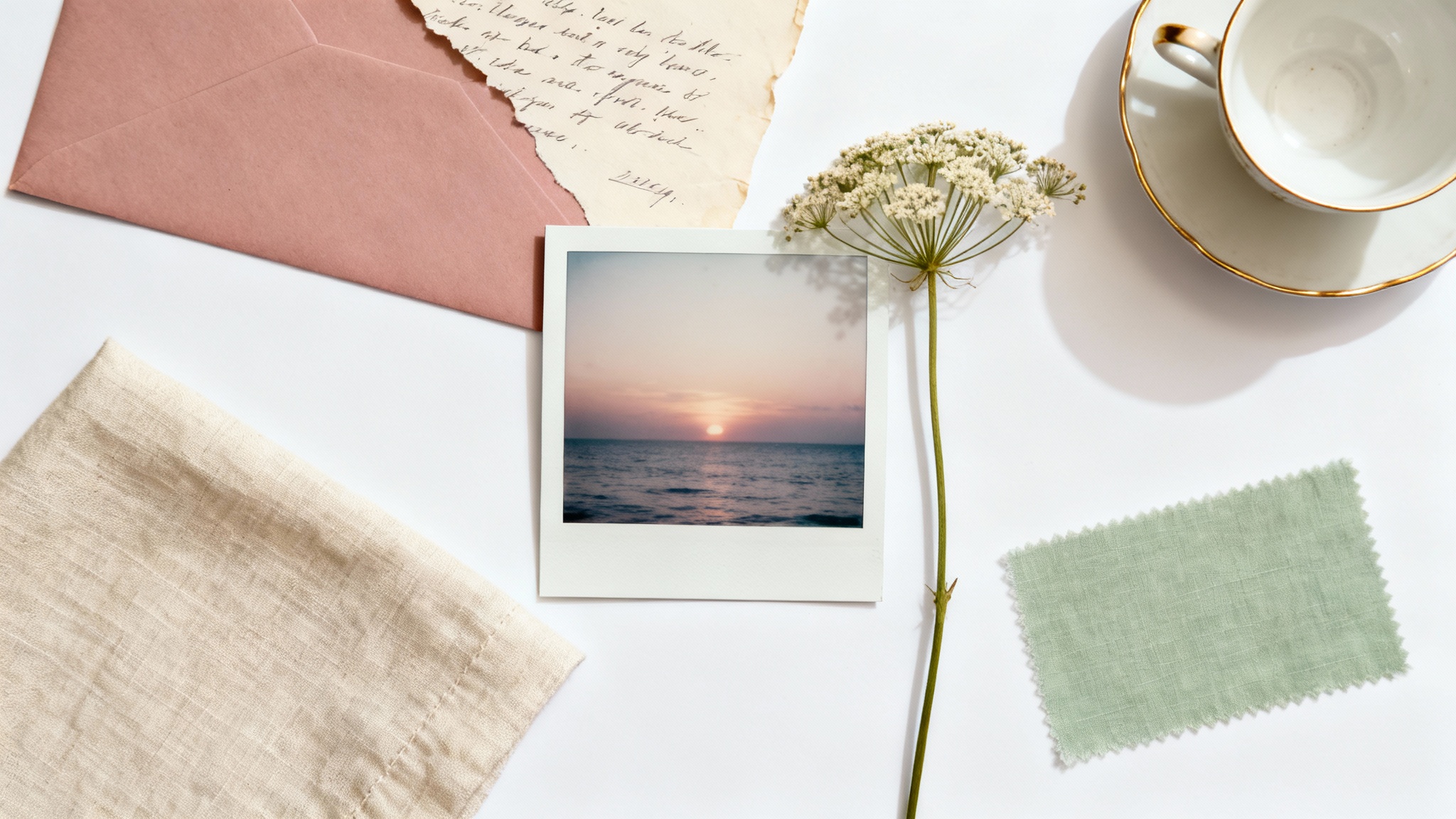 An aesthetic collage featuring a polaroid of a sunset, a pressed flower, a teacup, and a handwritten note, all arranged artfully on a white background in a soft, romantic color palette.